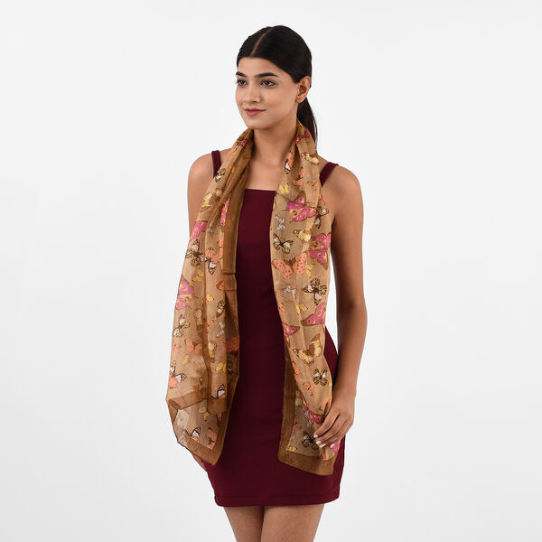 Bedruckter 100% Satin-Seidenschal, 48x160cm, Schmetterlinge braun image number 3