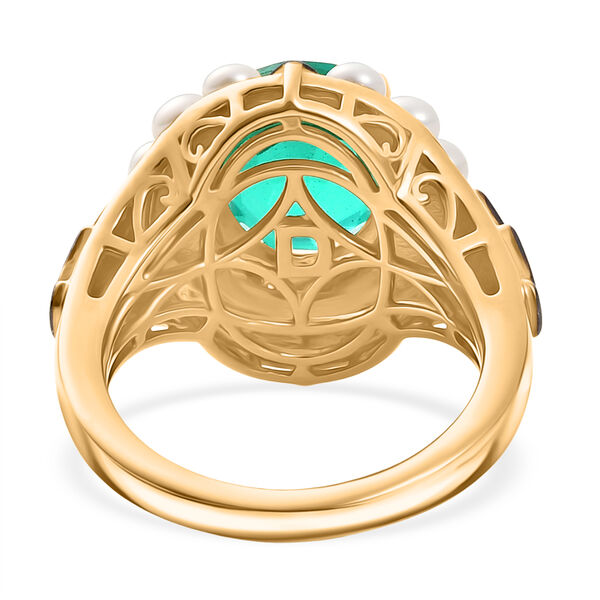 D'Joy - Perlenkrone Smaragd-Quarz Triplette, S&uuml;&szlig;wasser Perle (3mm) Ring 925 Silber 750 Gelbgold Vermeil (Gr&ouml;&szlig;e 18.00) 6.40 ct image number 5