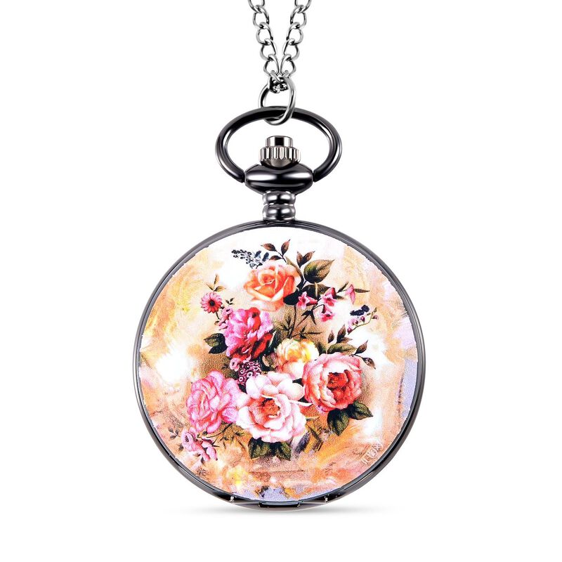 STRADA Japanisches Uhrwerk 3D Blumenmuster Taschenuhr mit Kette, 75 cm, ca. 35,00g image number 0