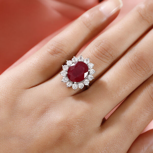 Rubin und Zirkon Halo Ring 925 Silber Platin-&Uuml;berzug