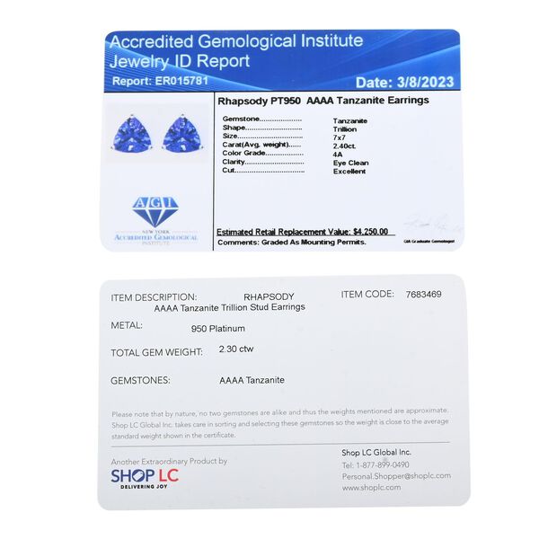 RHAPSODY zertifiziert und geprüft AAAA Tansanit Ohrringe in 950 Platin - 2,30 ct. image number 5