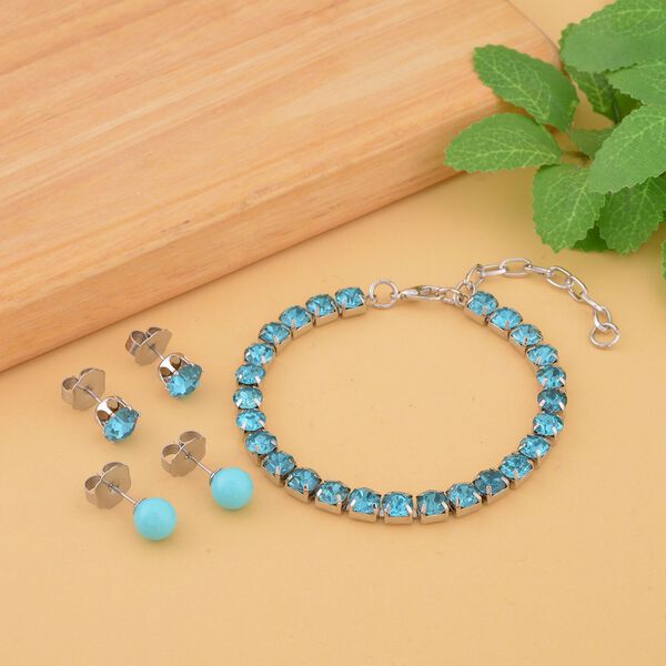 Blauer Muschelkernperle, Blauer Kristall Schmuckset Edelstahl, Messing image number 2