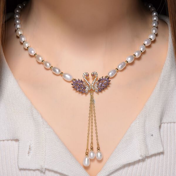 Wei&szlig;e S&uuml;&szlig;wasser Perle, Zirkonia Halskette, ca. 45cm + 2.5cm extender, Nickelfreies Messing gelb vergoldet image number 2