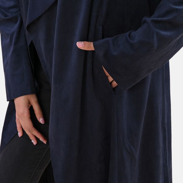 LA MAREY - Kunstwildleder Cardigan mit Wasserfallkragen, Gr&ouml;&szlig;e L, Dunkelblau image number 3