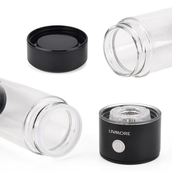 LIVMORE - doppelwandige Wasserstoff Wasserflasche 300 ml, SPE PEM, Borosilikatglas, USB Akku, Schwarz image number 6