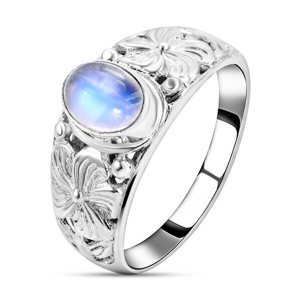 Royal Bali - Regenbogen Mondstein Ring, 925 Silber Schwarz oxidiert (Gr&ouml;&szlig;e 16.00) ca. 1,40 ct