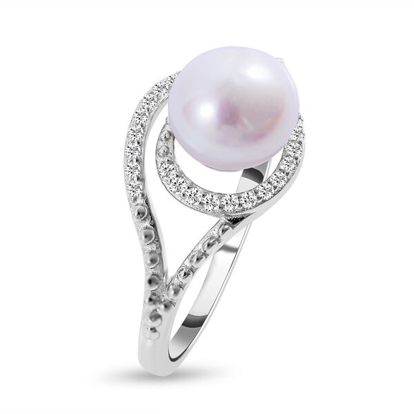 Süßwasserzuchtperle und weißer Zirkonia Ring, 925 Silber platiniert (Größe 20.00) ca. 0.23 ct image number 4