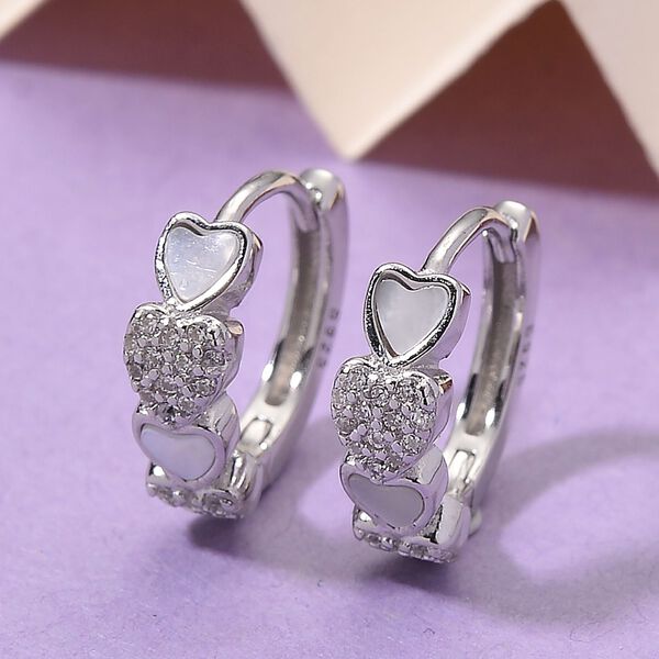 Wei&szlig;es Perlmutt, Wei&szlig;er Zirkonia Herz Ohrringe 925 Silber rhodiniert 0.20 ct image number 2