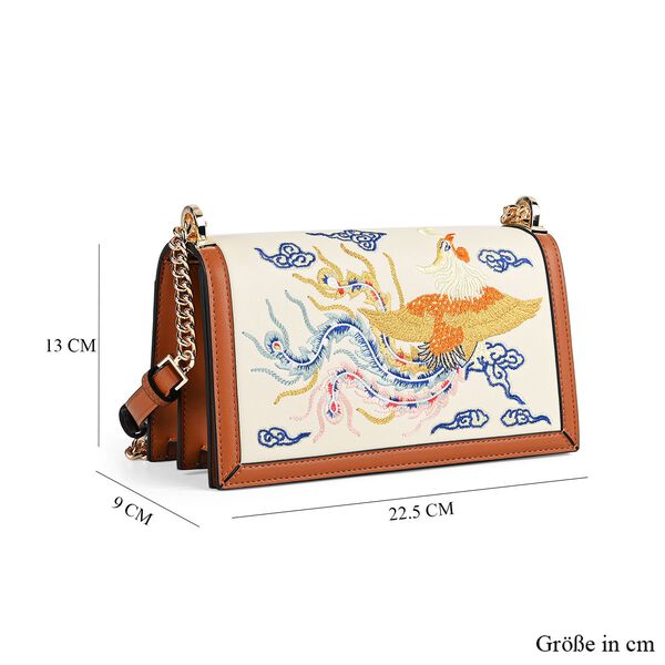 GRAND PELLE Umh&auml;ngetasche aus echtem Leder, Ph&ouml;nixstickerei, mit Kettenriemen, 22,5&times;9&times;13 cm, Braun image number 6