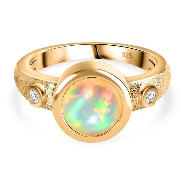Nat&uuml;rlicher, &auml;thiopischer Welo Opal, Wei&szlig;er Zirkon Ring, 925 Silber Gelbgold Vermeil, (Gr&ouml;&szlig;e 21.00) ca. 1.33 ct