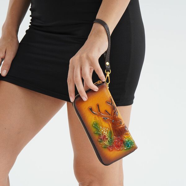 PU-Brieftasche mit gepr&auml;gtem Hirsch- und Blumenmuster, 19x2,5x10cm, Hellbraun image number 3