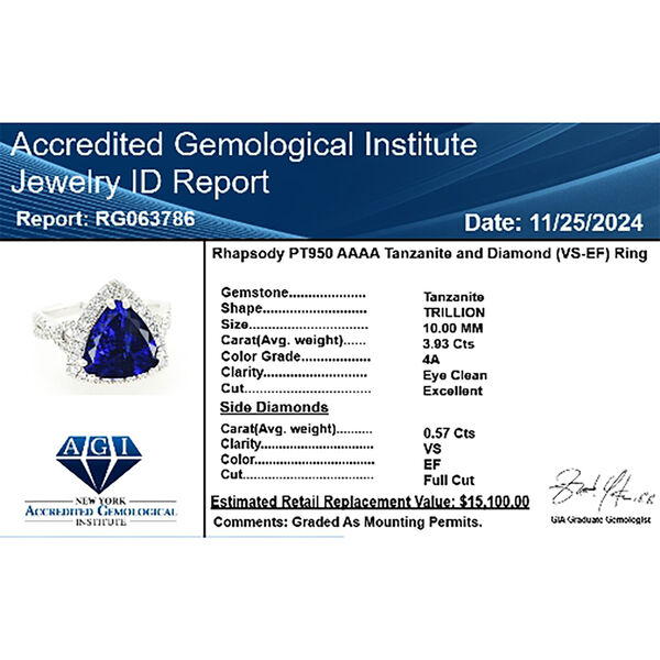 Chairman's Vault Kollektion RHAPSODY AAAA Tansanit und VS Diamant Ring in 950 Platin - 4,50 ct. image number 8