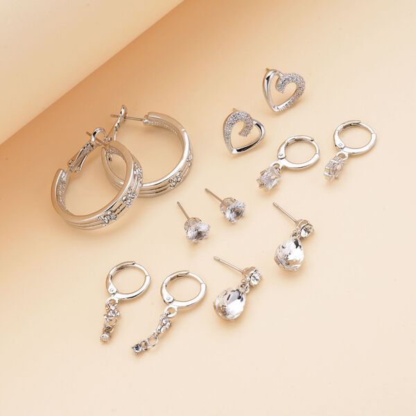 6er-Set - Wei&szlig;e Kristall Ohrringe, Stecker und Creolen, reines Messing image number 2