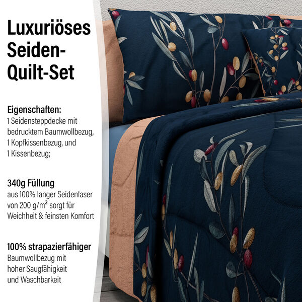 SERENITY NIGHT: 3er-Set - Seidensteppdecke und 2 Kissenbez&uuml;ge, Olivenbaummuster, Dunkelblau und Ros&eacute;-beige image number 1