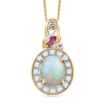 D'Joy nat&uuml;rlicher, &auml;thiopischer Welo Opal, afrikanischer Rubin und Zirkon Anh&auml;nger mit 50cm Kette - 2,13 ct.