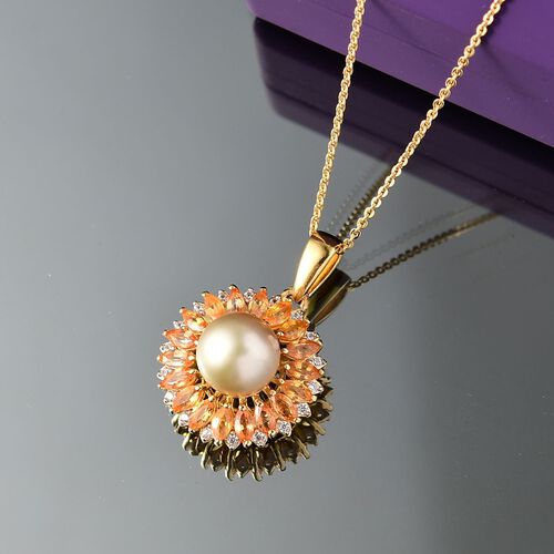 D joy AA Goldene Südsee Perle, Gelber Saphir Anhänger mit Kette, ca. 9-11mm, 925 Silber 750 Gelbgold Vermeil image number 1