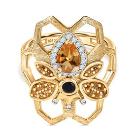 GP Trinfo Kollektion - Citrin, Schwarzer Spinell Ring, 925 Silber 750 Gelbgold Vermeil (Größe 21.00) ca. 1.25 ct