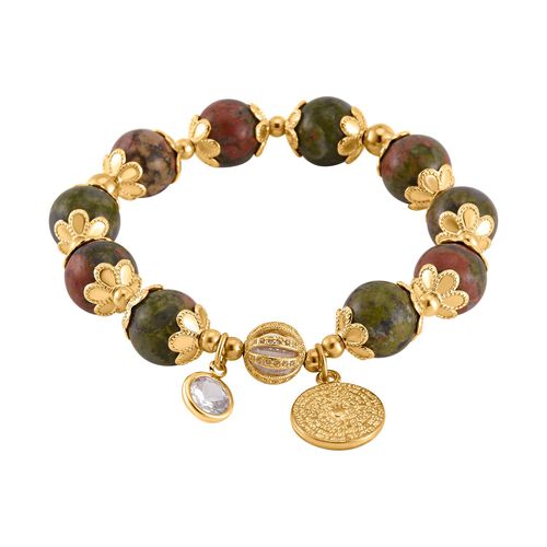 Unakite, Weißer Kristall Armband Flexibles Legierung vergoldet image number 0