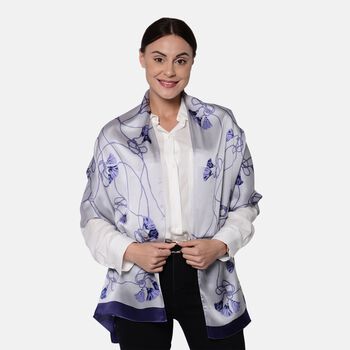 LA MAREY - 100 % nat&uuml;rlicher, bedruckter Maulbeerseiden-Schal in Geschenkbox, 55x170 cm, Grau