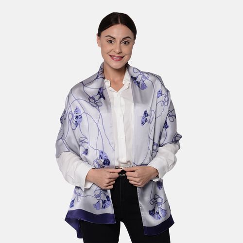 LA MAREY: Bedruckter Schal aus 100% Maulbeerseide, in Geschenkbox, 55x170 cm, Grau-Blau image number 0