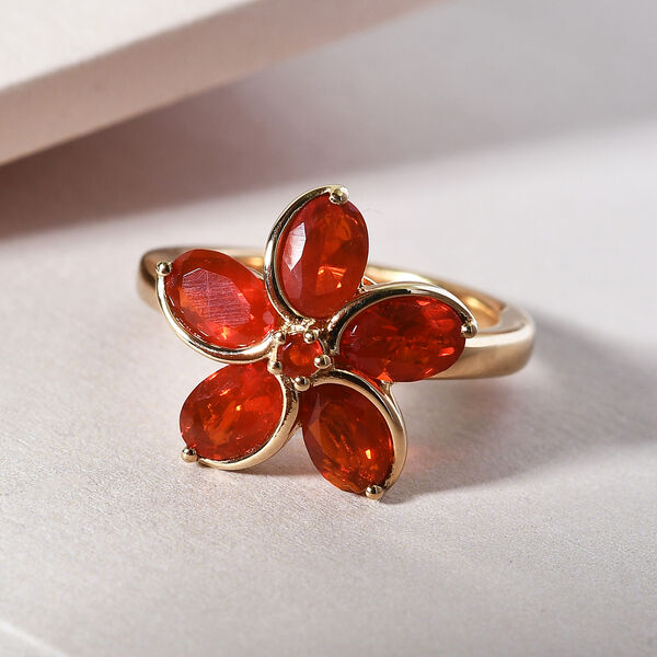Mexikanischer Kirschfeuer-Opal Blumen Ring 925 Silber vergoldet  ca. 1,29 ct image number 2