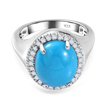 Amerikanischer nat&uuml;rlicher Sleeping Beauty T&uuml;rkis, wei&szlig;er Zirkon Ring, 925 Silber platiniert (Gr&ouml;&szlig;e 20.00) ca. 4.53 ct