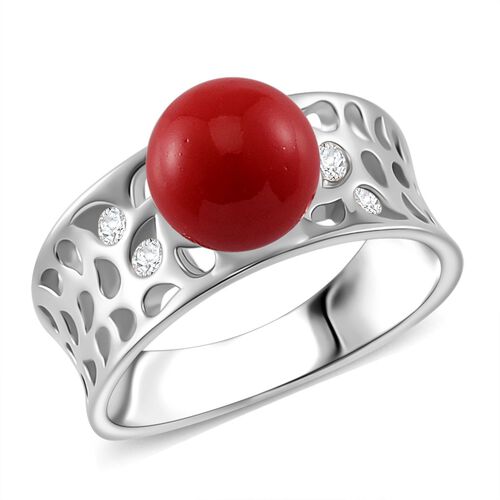 Rote Muschelkernperle, Moissanit Ring 925 Silber platiniert (Größe 16.00) image number 0