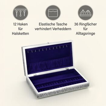 Handgefertigte, oxidierte Schmuckschatulle mit Lebensbaum-Pr&auml;gung, 38x20x7,6 cm, Silber