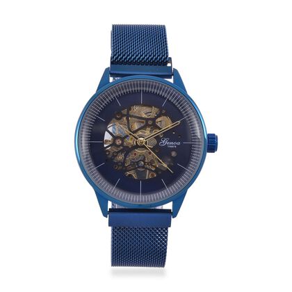 GENOA Automatik Mechanische Uhr mit Blauem Sonnenschein-Hohlzifferblatt und Modernem Minimalistischem Runddesign