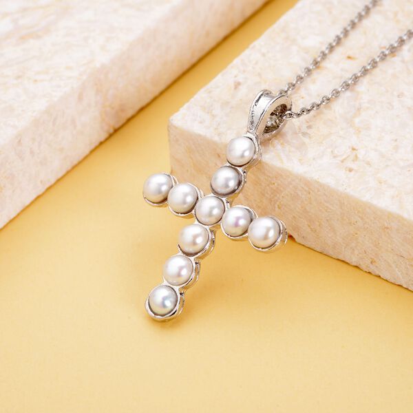Weißer Süßwasserperlen-Anhänger mit Kette, Edelstahl image number 3