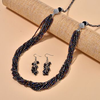 2er Set mehrschichtiger Halsketten und Ohrringe, Graue, schwarze Kristallperlen und wei&szlig;e Kristalle