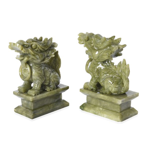 2er-Set handgefertigte Gr&uuml;n-Serpentin Feng-shui Drachen-Figuren, 9,5x4,5x12 cm image number 1