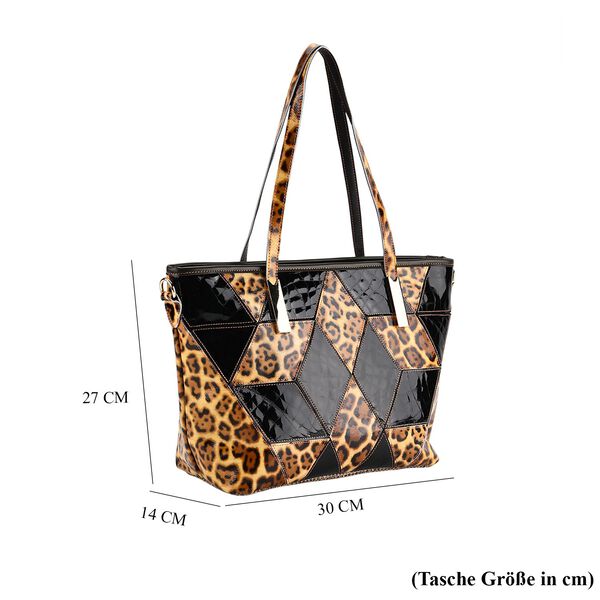 Chaos by Elsie- Echtleder-Shopper, RFID-Schutz, geometrisches Rauten Patchwork im 3D W&uuml;rfel Look, Leopard mit Hochglanz Optik, 30x14x27cm, Schwarzbraun image number 8