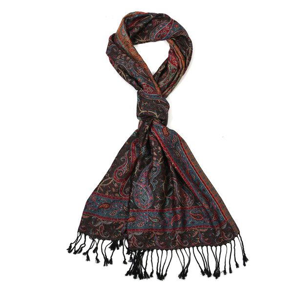 Schal mit Quasten und mehrfarbigem Paisleymuster, 70x180 cm, Schwarz image number 0