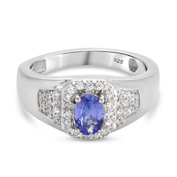 Tansanit und Zirkon Ring 925 Silber platiniert (Gr&ouml;&szlig;e 18.00) ca. 0,84 ct