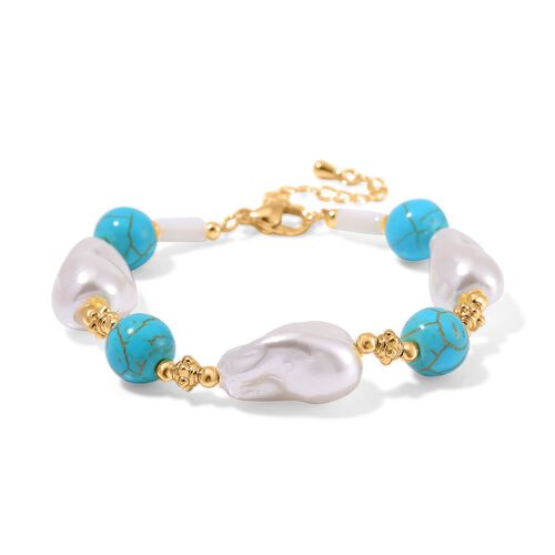 Weißes Muschelkernperle und blaues Howlit Armband, 18+5 cm image number 0