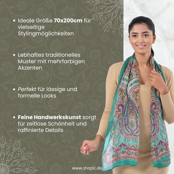 Bedruckter Schal aus 100% Seide, Mehrfarbiges Muster mit grüner Bordüre, 70x200 cm image number 2