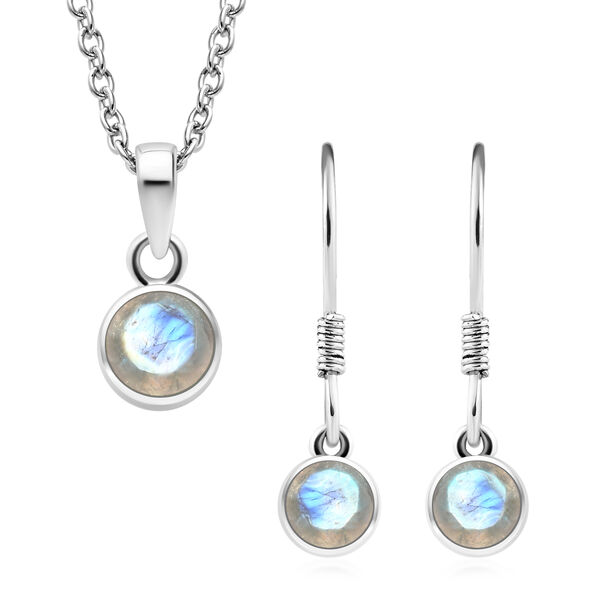 Regenbogen Mondstein-Anh&auml;nger und Ohrringe aus 925 Silber, mit Kette aus Edelstahl ca. 2,76 ct