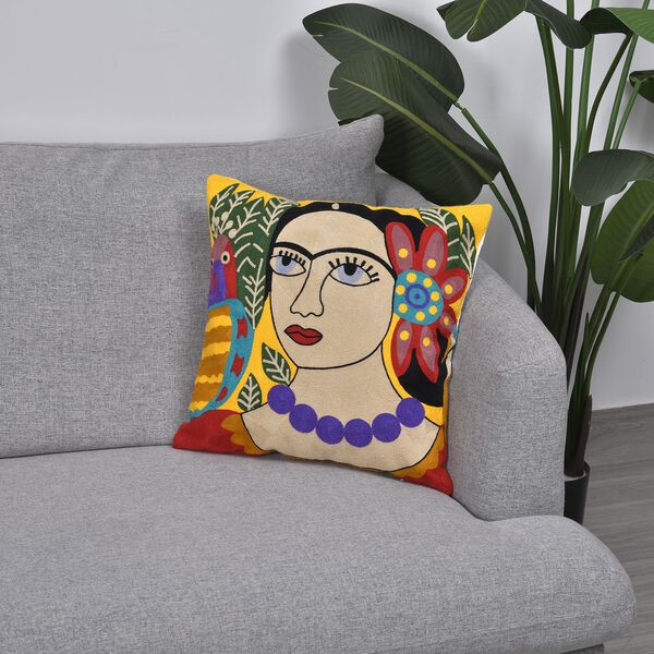 Frieda Kahlo Besticktes Kissenbezug aus 100% Baumwolle, 43x43 cm, Frieda