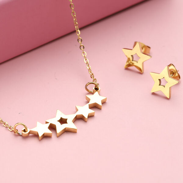 2er - Set goldene Ohrringe und Halskette, ca. 50 cm, Edelstahl vergoldet image number 1