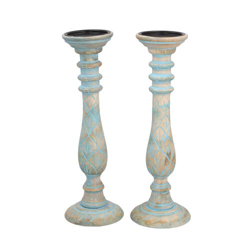 Set aus 2 antiken geschnitzten Holzkerzenhaltern mit rundem Ständer, 38cm, Hellblau image number 0