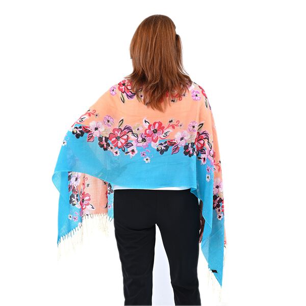LA MAREY 100% Merino Wollschal mit Quasten, Blumenmuster, Größe  67x176+9 cm, Blau image number 4