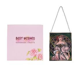 Handbemalter Glas-Sonnenfänger, Alphonse-Mucha-Motiv Frau mit Blumenornament, 12×15cm, Mehrfarbig