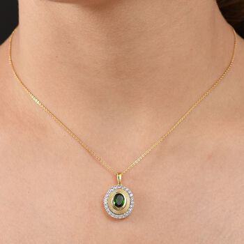 D'joy Nat&uuml;rlicher Chromdiopsid, Wei&szlig;er Zirkon Anh&auml;nger mit Kette, 925 Silber 750 Gelbgold Vermeil ca. 2.07 ct