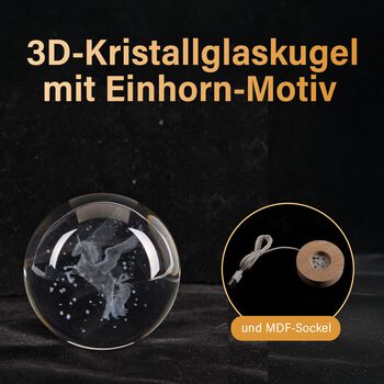 3D Kristallglaskugel-Lampe mit Einhorn-Motiv, Farbwechsellicht und MDF-Sockel, USB-betrieben, 8 cm