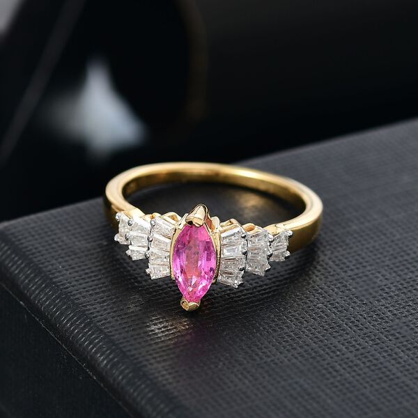 AAA Ilakaka Rosa Saphir (Fissure gefüllt), Moissanit Ring 925 Silber 750 Gelbgold Vermeil (Größe 20.00) ca. 1,17 ct image number 2