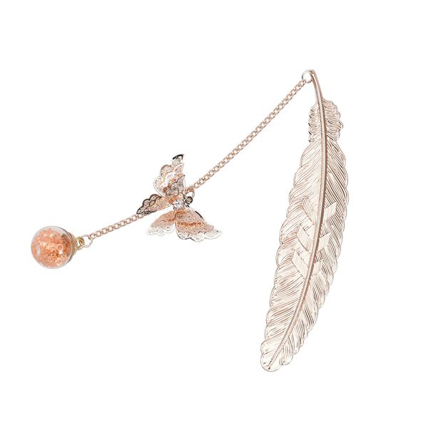 Metallfeder-Lesezeichen mit 3D-Schmetterling und ewigem Blumen-Glaskugel, ros&eacute;farben mit Rosa Kristalle
