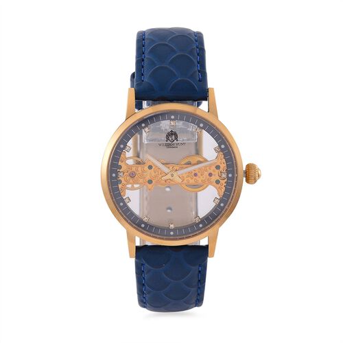 William Hunt Automatik-Uhr, Hohles Zifferblatt mit weißen Kristallen, Blau Lederarmband, 5ATM wasserdicht image number 0