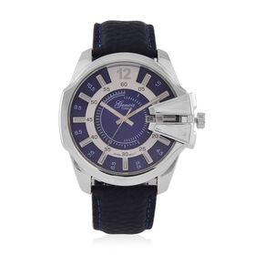 GENOA TIME V2 - Japanisches Datumswerk mit Blauem Lederarmband, Silber-Akzenten und Einzigartigem Zifferblatt-Design, Wasserdicht, 25 cm, ca. 79,00g, blau