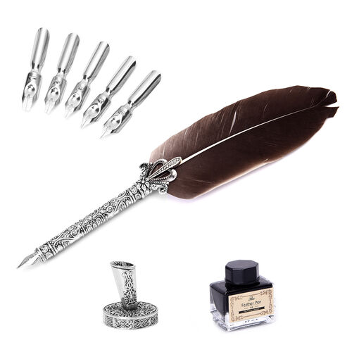 Feder Stift mit Ständer und schwarzer Tinte (15ml) und 6 verschiedenen Ersatzspitzen in Silberton, Braun image number 0